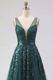 Vestido de baile de finalistas de finalistas de curta forma, verde escuro verde escuro brilhante, uma linha longa de lantejoulas