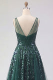 Vestido de baile de finalistas de finalistas de curta forma, verde escuro verde escuro brilhante, uma linha longa de lantejoulas