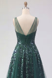 Vestido de baile de finalistas de finalistas de curta forma, verde escuro verde escuro brilhante, uma linha longa de lantejoulas