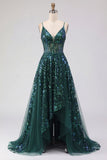 Vestido de Baile com Decote em V Verde Escuro Brilhante e Corte Assimétrico