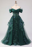 Vestido longo de baile de finalistas verde-escuro cintilante, lantejoulas no ombro, espartilho franzido