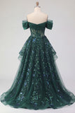 Vestido longo de baile de finalistas verde-escuro cintilante, lantejoulas no ombro, espartilho franzido