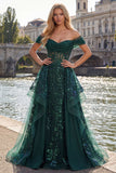 Vestido longo de baile de finalistas verde-escuro cintilante, lantejoulas no ombro, espartilho franzido