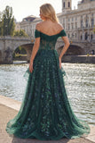 Vestido longo de baile de finalistas verde-escuro cintilante, lantejoulas no ombro, espartilho franzido