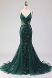 Vestido de baile de finalistas com alças finas de sereia verde escuro com alças finas, alças finas, com lantejoulas