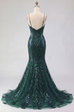 Vestido de baile de finalistas com alças finas de sereia verde escuro com alças finas, alças finas, com lantejoulas