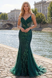 Vestido de baile de finalistas com alças finas de sereia verde escuro com alças finas, alças finas, com lantejoulas