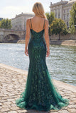 Vestido de baile de finalistas com alças finas de sereia verde escuro com alças finas, alças finas, com lantejoulas