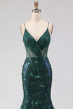 Vestido de baile de finalistas com alças finas de sereia verde escuro com alças finas, alças finas, com lantejoulas