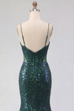 Vestido de baile de finalistas com alças finas de sereia verde escuro com alças finas, alças finas, com lantejoulas