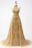 Vestido de Baile de finalistas longo oco em estilo dourado brilhante com contas