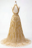 Vestido de Baile de finalistas longo oco em estilo dourado brilhante com contas