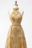 Vestido de Baile de finalistas longo oco em estilo dourado brilhante com contas