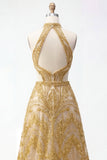 Vestido de Baile de finalistas longo oco em estilo dourado brilhante com contas