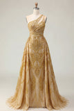 Vestido de Baile de Finalistas Dourado Dourado Brilhante, Um Ombro Com Missangas e Cauda de Capela