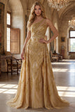 Vestido de Baile de Finalistas Dourado Dourado Brilhante, Um Ombro Com Missangas e Cauda de Capela