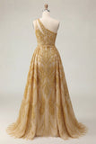 Vestido de Baile de Finalistas Dourado Dourado Brilhante, Um Ombro Com Missangas e Cauda de Capela