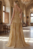 Vestido de Baile de Finalistas Dourado Dourado Brilhante, Um Ombro Com Missangas e Cauda de Capela