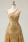 Vestido de Baile de Finalistas Dourado Dourado Brilhante, Um Ombro Com Missangas e Cauda de Capela