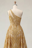 Vestido de Baile de Finalistas Dourado Dourado Brilhante, Um Ombro Com Missangas e Cauda de Capela