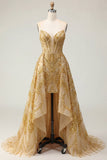 Vestido de Mini Baile de Finalistas com Espartilho Bodycon Espartilho Dourado Brilhante e Cauda Capela com Folhos