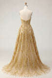 Vestido de Mini Baile de Finalistas com Espartilho Bodycon Espartilho Dourado Brilhante e Cauda Capela com Folhos