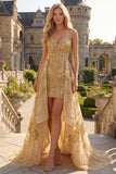 Vestido de Mini Baile de Finalistas com Espartilho Bodycon Espartilho Dourado Brilhante e Cauda Capela com Folhos