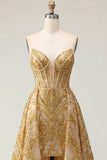 Vestido de Mini Baile de Finalistas com Espartilho Bodycon Espartilho Dourado Brilhante e Cauda Capela com Folhos