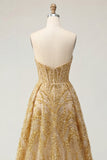 Vestido de Mini Baile de Finalistas com Espartilho Bodycon Espartilho Dourado Brilhante e Cauda Capela com Folhos