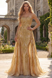 Vestido de Baile de Sereias Sem Alças Dourado Brilhante com Caída Lateral