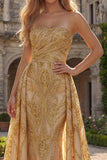 Vestido de Baile de Sereias Sem Alças Dourado Brilhante com Caída Lateral