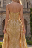 Vestido de Baile de Sereias Sem Alças Dourado Brilhante com Caída Lateral
