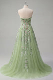 Vestido de Baile de Tule A-Line Bordado Floral Verde Sem Alças