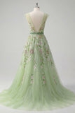 Vestido de Baile de Tule A-Line Bordado Verde com decote em V