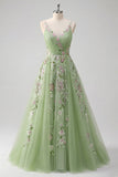 Vestido de Baile de Tule Floral Linha A de Straps Verdes