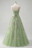 Vestido de Baile de Tule Floral Linha A de Straps Verdes
