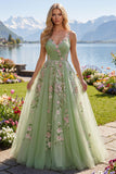 Vestido de Baile de Tule Floral Linha A de Straps Verdes