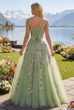 Vestido de Baile de Tule Floral Linha A de Straps Verdes