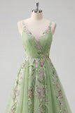 Vestido de Baile de Tule Floral Linha A de Straps Verdes