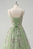 Vestido de Baile de Tule Floral Linha A de Straps Verdes