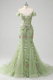 Vestido de Baile de Tule Bordado com Sereia Verde Ombros Descobertos
