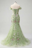 Vestido de Baile de Tule Bordado com Sereia Verde Ombros Descobertos