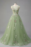 Vestido de Baile de Baile com Decote Floral Floral Verde A Line com Aplicação
