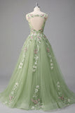 Vestido de Baile de Baile com Decote Floral Floral Verde A Line com Aplicação