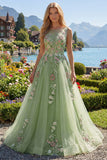 Vestido de Baile de Baile com Decote Floral Floral Verde A Line com Aplicação