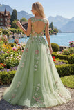 Vestido de Baile de Baile com Decote Floral Floral Verde A Line com Aplicação