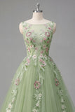 Vestido de Baile de Baile com Decote Floral Floral Verde A Line com Aplicação