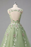 Vestido de Baile de Baile com Decote Floral Floral Verde A Line com Aplicação