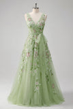 Vestido de Baile de Baile Verde Floral Floral com Decote V A Line