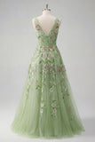 Vestido de Baile de Baile Verde Floral Floral com Decote V A Line